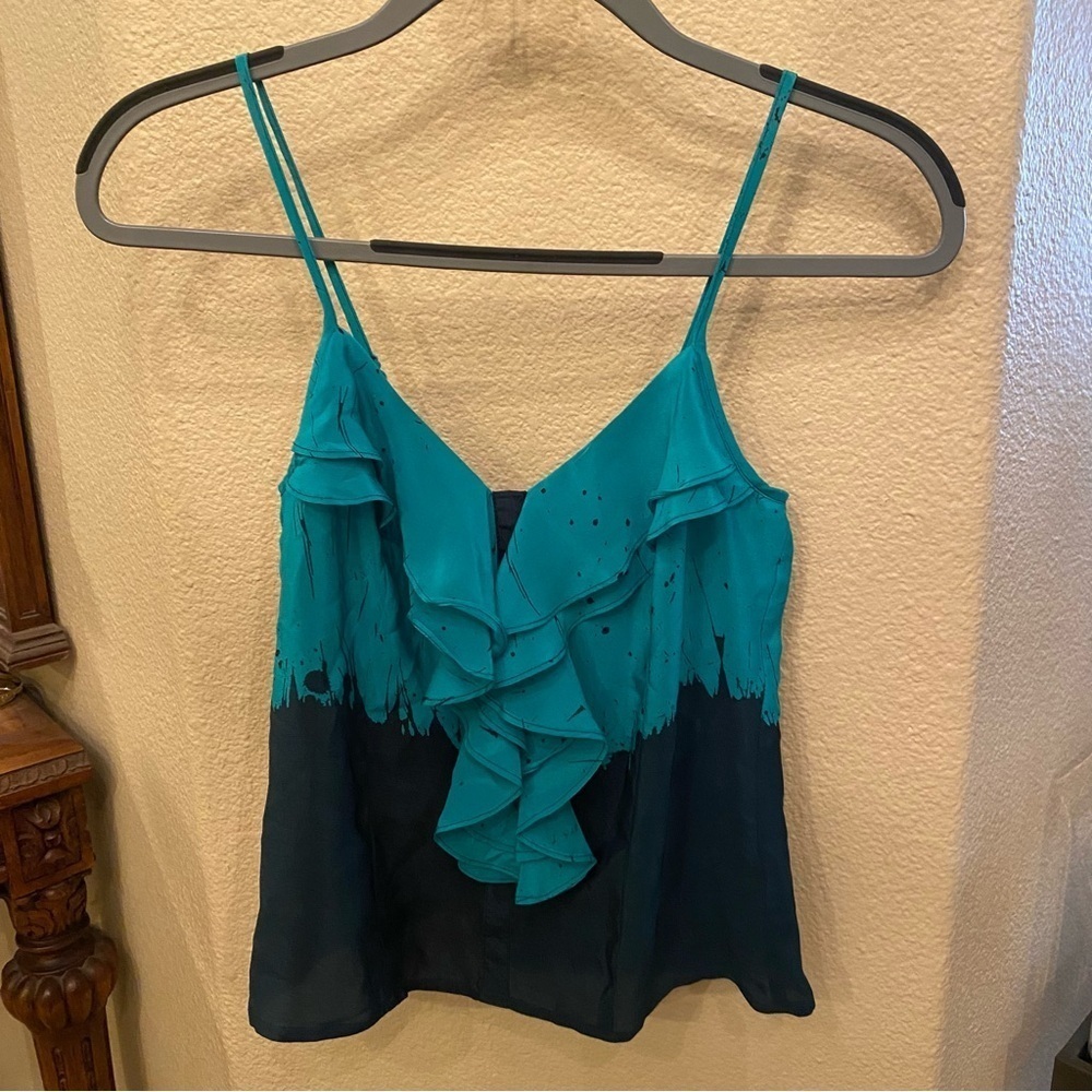 Silence + Noise Green Navy 100% Silk Ruffled Pattern Tank Top Size XS